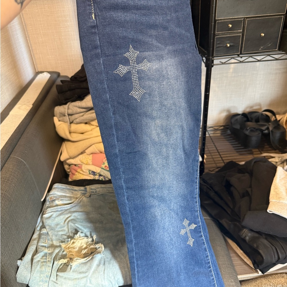 BAMBOO Women's Dark Blue Skinny Jeans with Cross Details